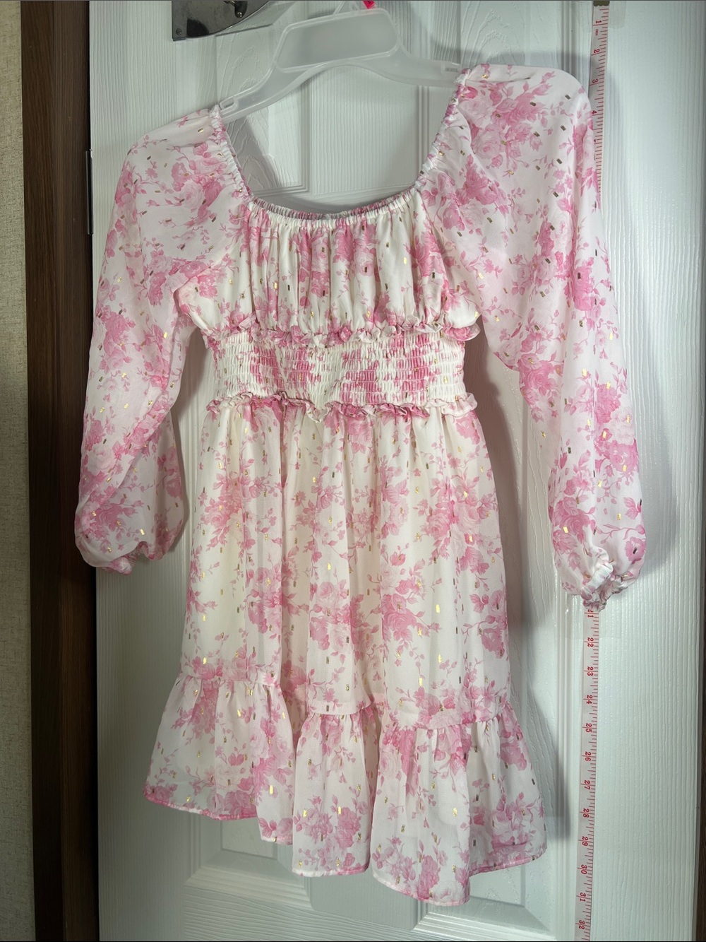 Rare Editions Pink and White Floral Long Sleeve Smocked Dress